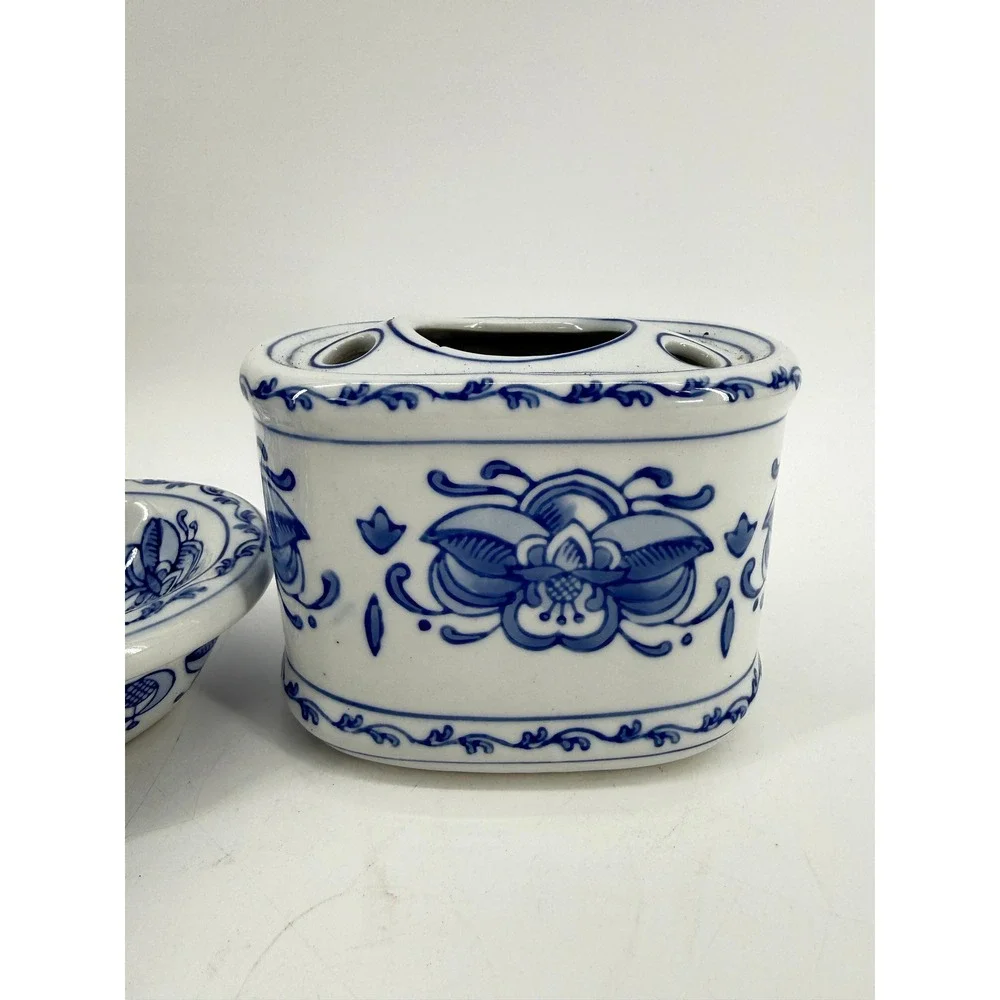 Unbranded Bathroom Vanity Set 1970s OS Blue White Floral Ceramic 2pc Vintage